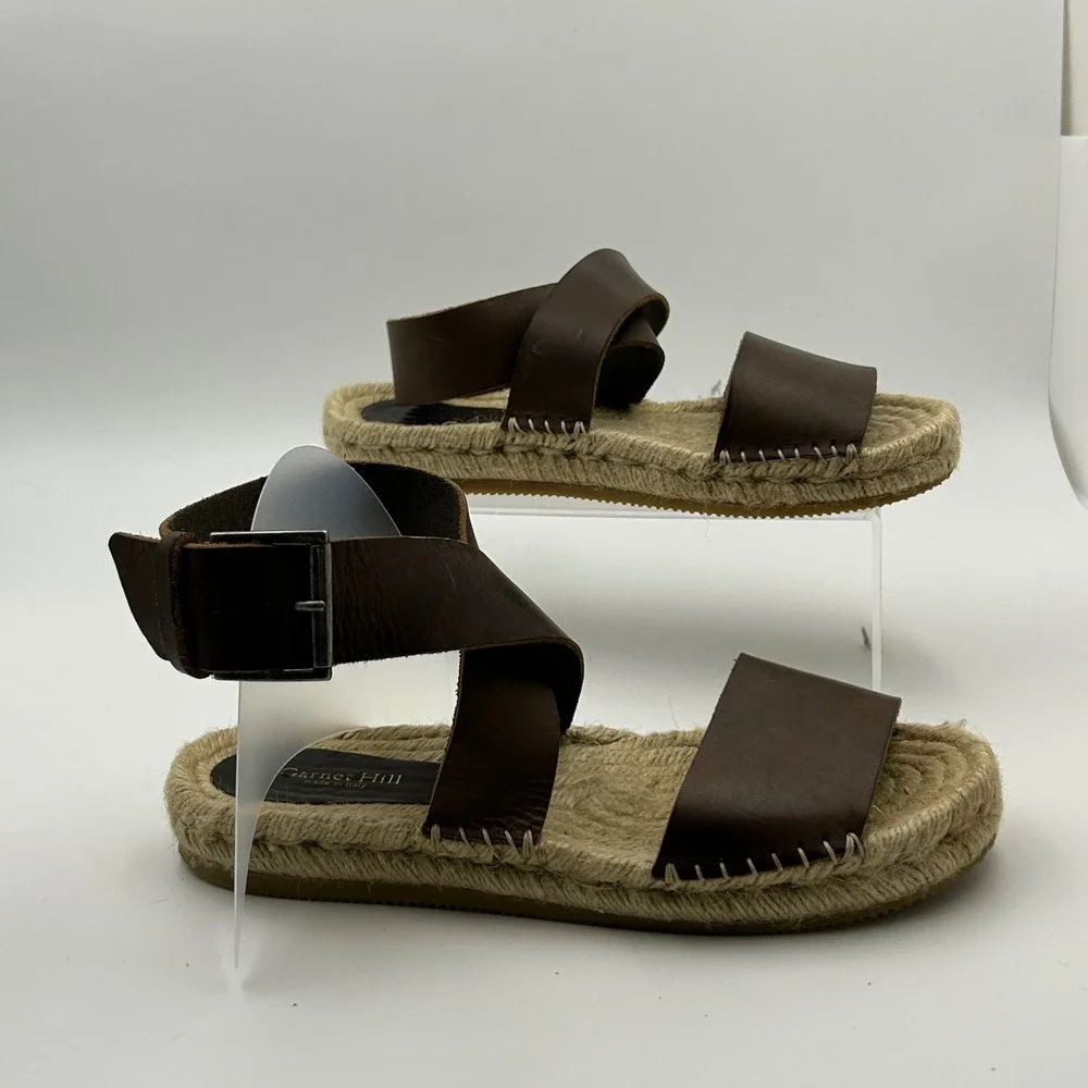 New Garnet Hill Espadrille Sandals Women 39 Brown Leather Ankle Strap Boho Italy